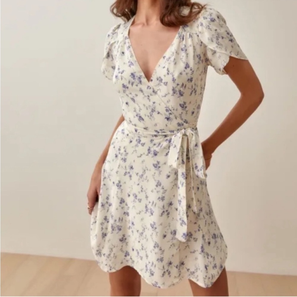 Reformation Cream Mini Dress with Lavender Floral Print